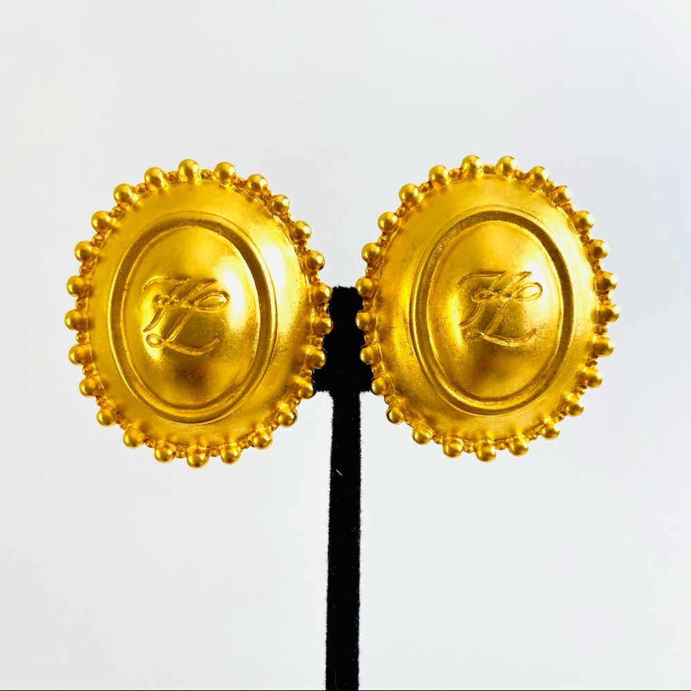 KARL LAGERFELD HUGE Gold Round Clip On Earrings